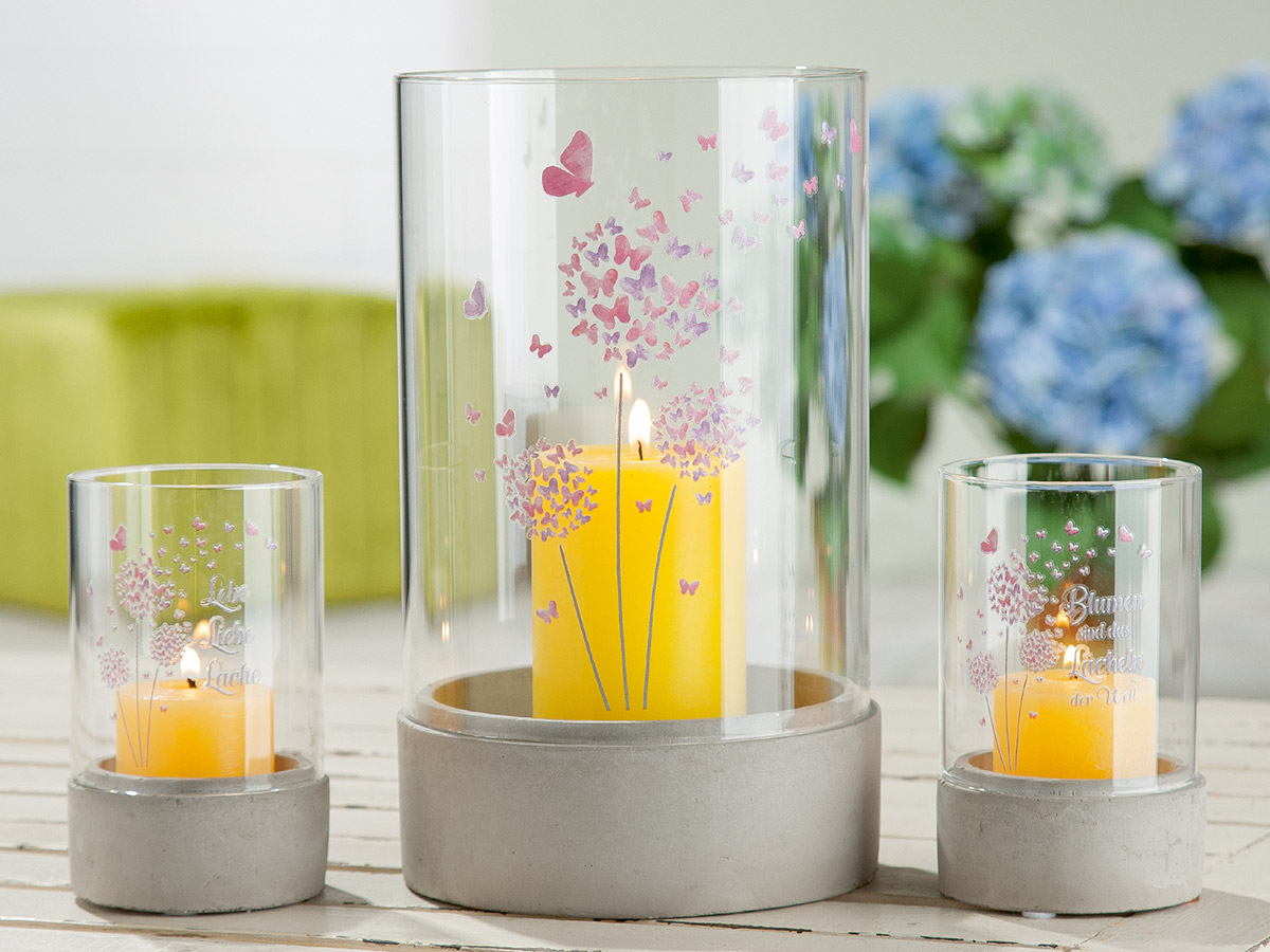 Zement Windlicht "Pusteblume", Blumen sind das Lächeln der Welt