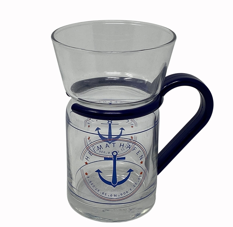 Teeglas, Anker/Heimathafen, blauer Griff 12x7.5 cm