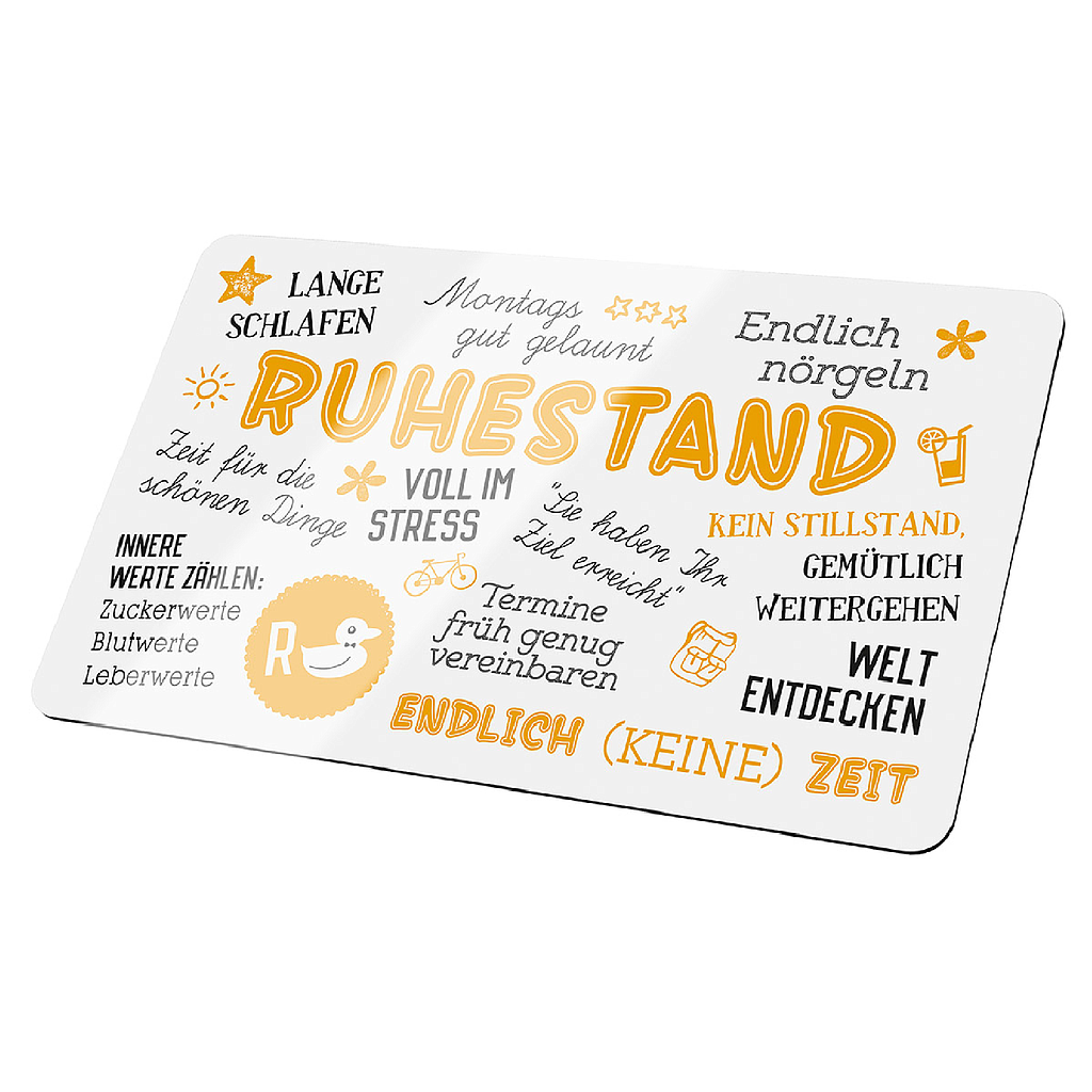 Brettchen, rechteckig, &quot;Ruhestand&quot;, Spruch, Resopal, weiß, VE 6, L. 15 cm, B. 24 cm