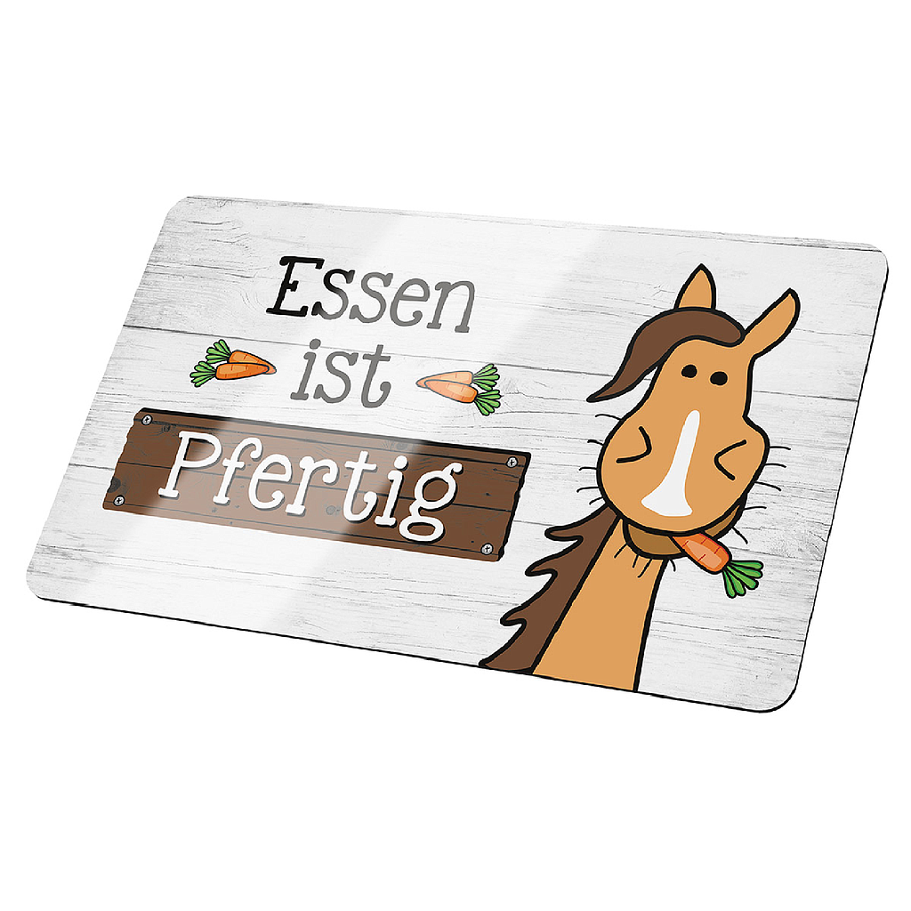 Brettchen, rechteckig, &quot;Essen ist pfertig&quot;, Spruch, Resopal, weiß, VE 6, L. 15 cm, B. 24 cm