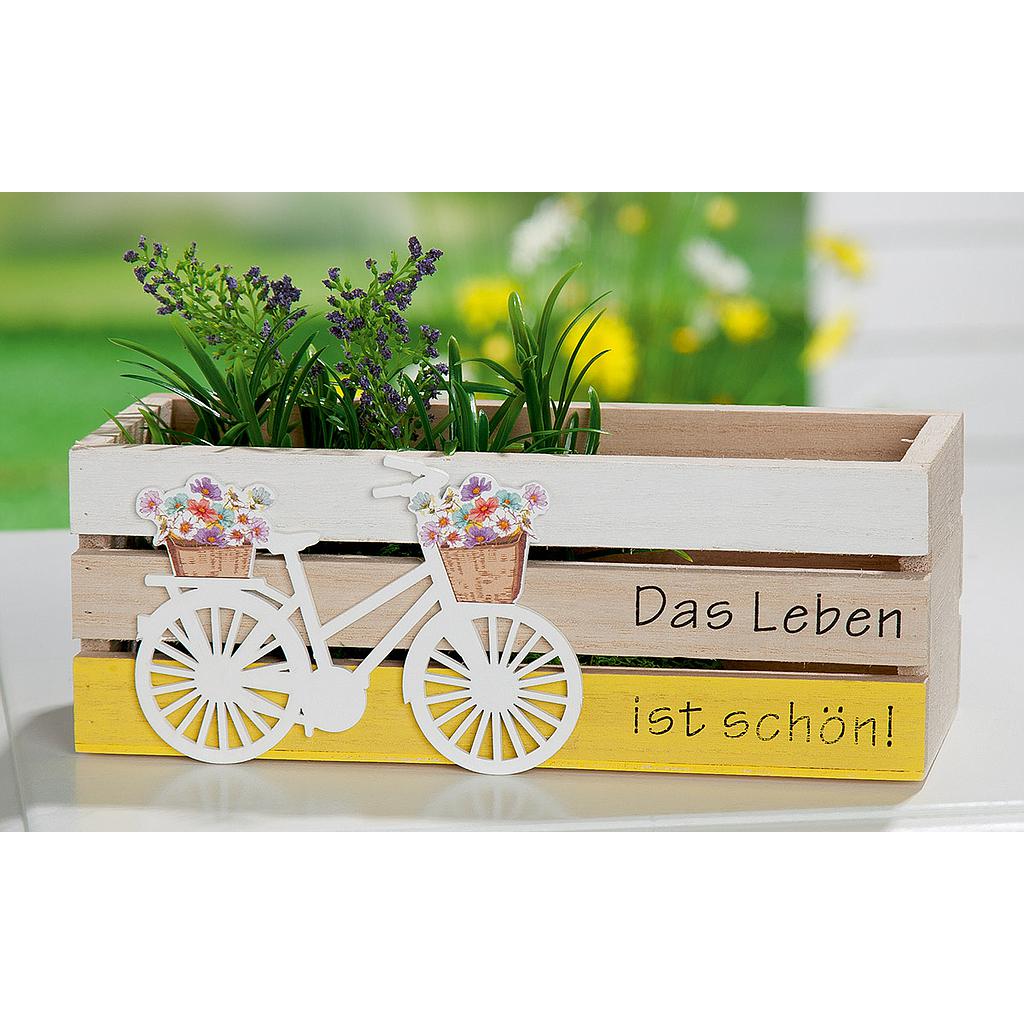 Pflanzkasten "Das Leben ist schön!" gelb/weiß/naturfarben, mit Blumenfahrrad