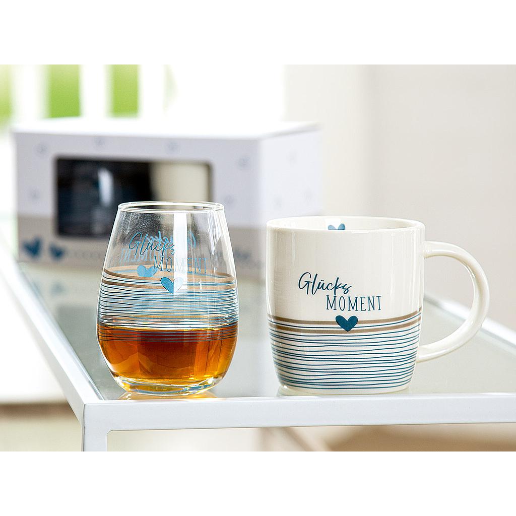 2er Set Glas &amp; Tasse &quot;Glücksmoment&quot; klar/weiß/blau/grau, in Geschenkverpackung Tasse: H 9,3 x D 8,8 x B 12,5 cm / 350 ml Füllmenge,  Glas: H 10,5 x D 8 cm / 300 ml Füllmenge  Glas und Tasse sind spülmaschinengeeignet