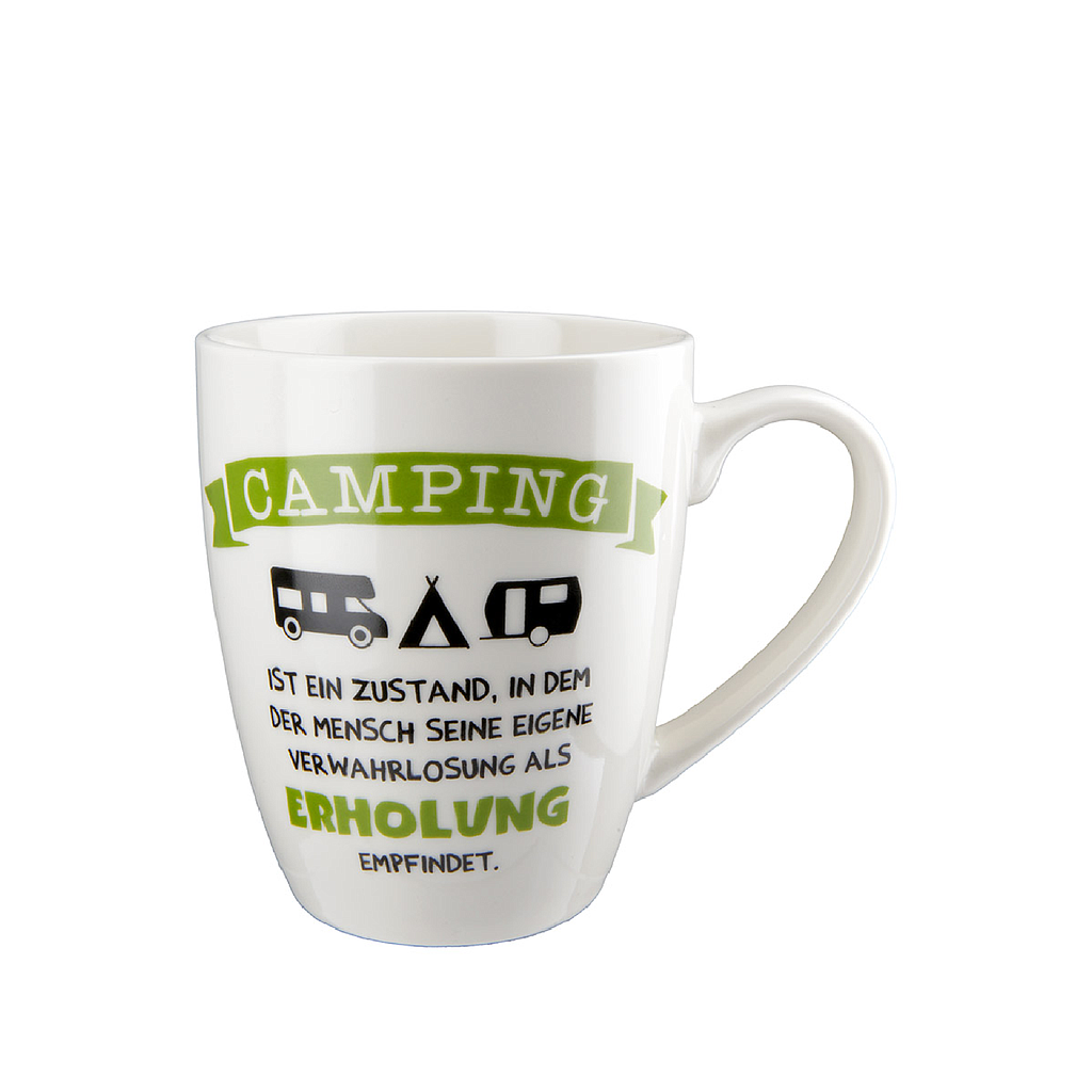 Tasse "Camping" grün/schwarz, aus Knochenporzellan "Camping ist ein Zustand, in dem der Mensch seine eigene Verwahrlosung als Erholung empfindet." Füllmenge: ca. 360 ml