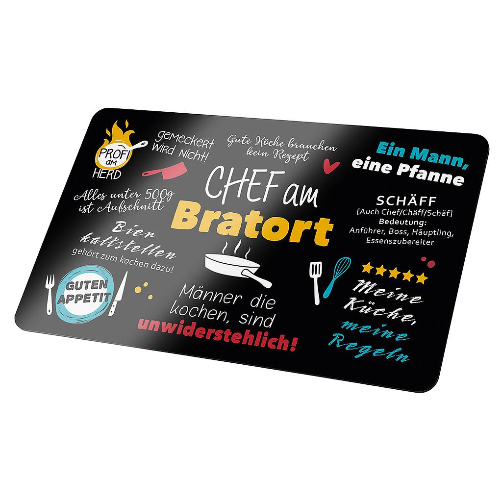 Brettchen, rechteckig, "Chef am Bratort", Spruch, Resopal, schwarz, L. 15 cm, B. 24 cm