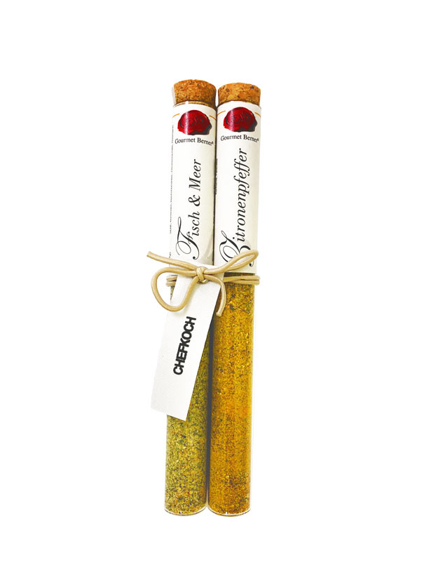 Präsent: Gewürz El Tubo:Fisch &amp; Meer sowie Zitronenpfeffer mit Chefkoch Anhänger &amp; Elastschlaufe 