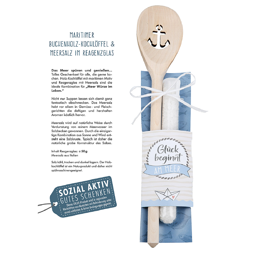 Kochlöffel, &quot;Glück beginnt am Meer&quot;, Ankermotiv, Holz, naturfarben, 