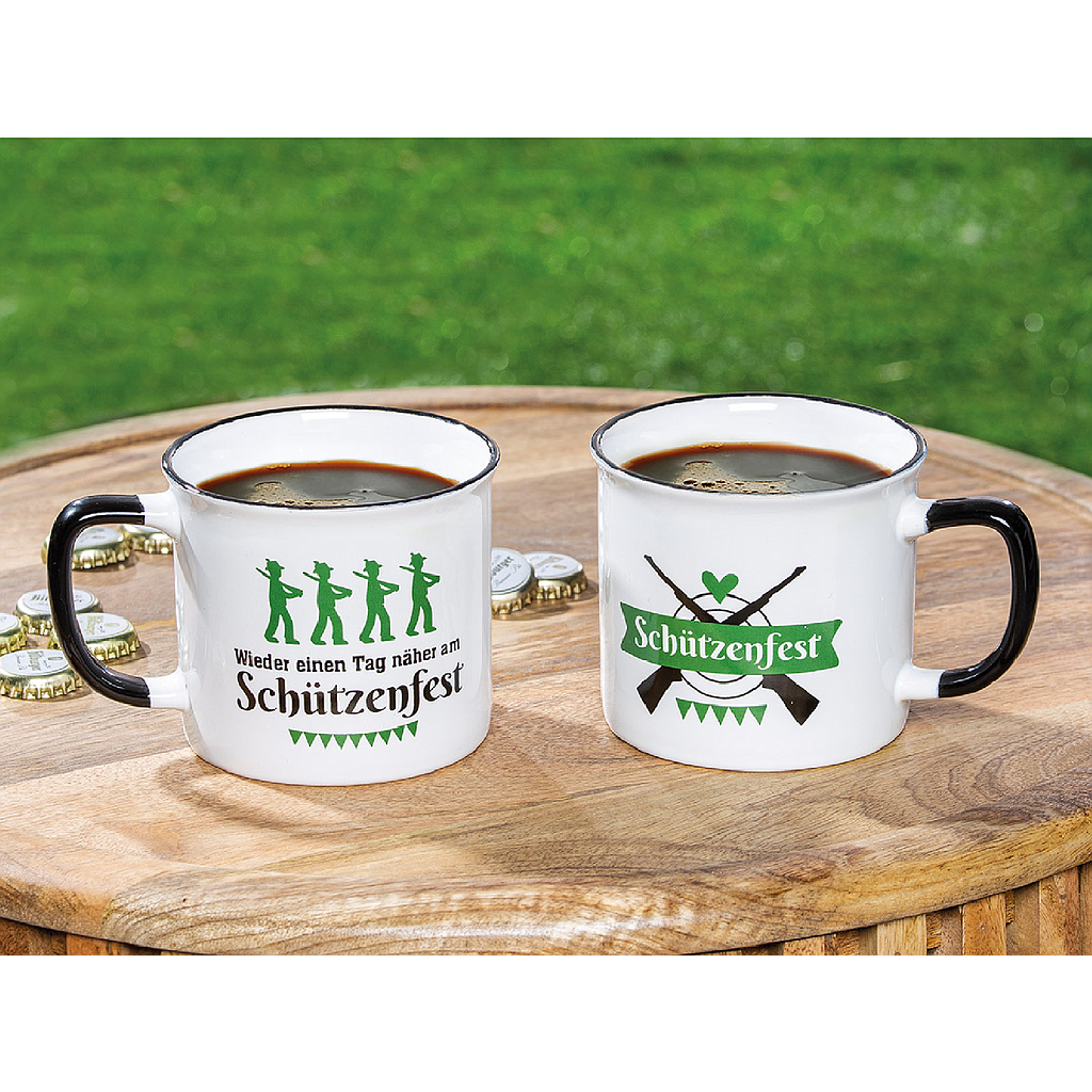 Tasse / Becher, "Wieder einen Tag näher am Schützenfest", Spruch, Keramik, weiß, VE 6, L. 9,8 cm, B. 13,2 cm, H. 8,7 cm