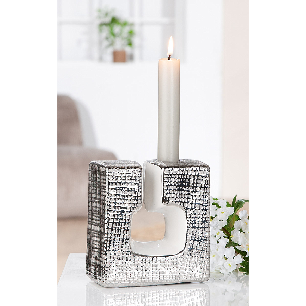 Kerzenleuchter, &quot;Boston&quot;, Keramik, silberfarben, weiß, VE 6, L. 6 cm, B. 11,5 cm, H. 12,5 cm