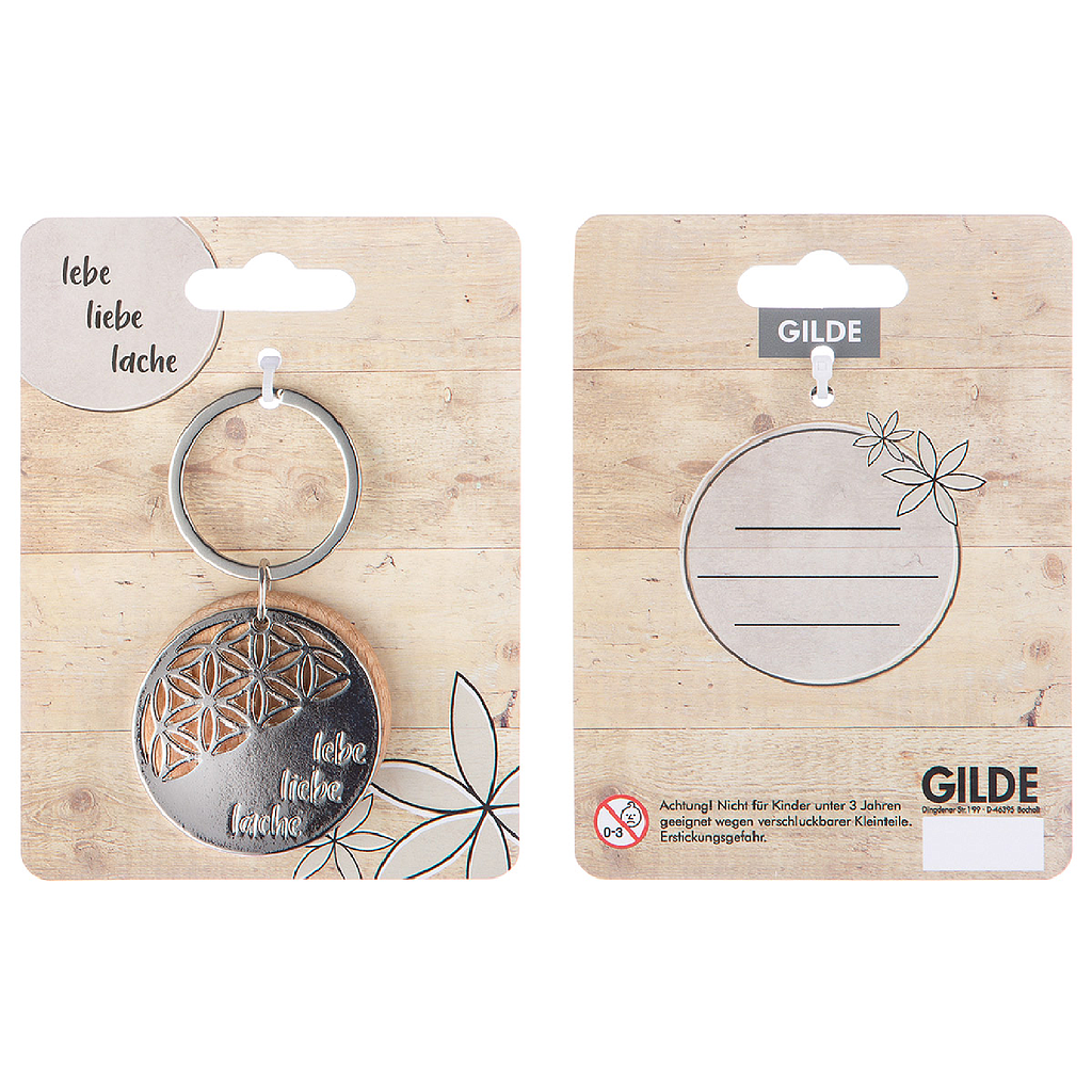 Schlüsselanhänger, &quot;lebe, liebe, lache&quot;, lebe, liebe, lache, Lebensblumenmotiv, Spruch, Holz, Metall, naturfarben, silberfarben, 2, L. ,6 cm, H. 8 cm, D. 4,5 cm