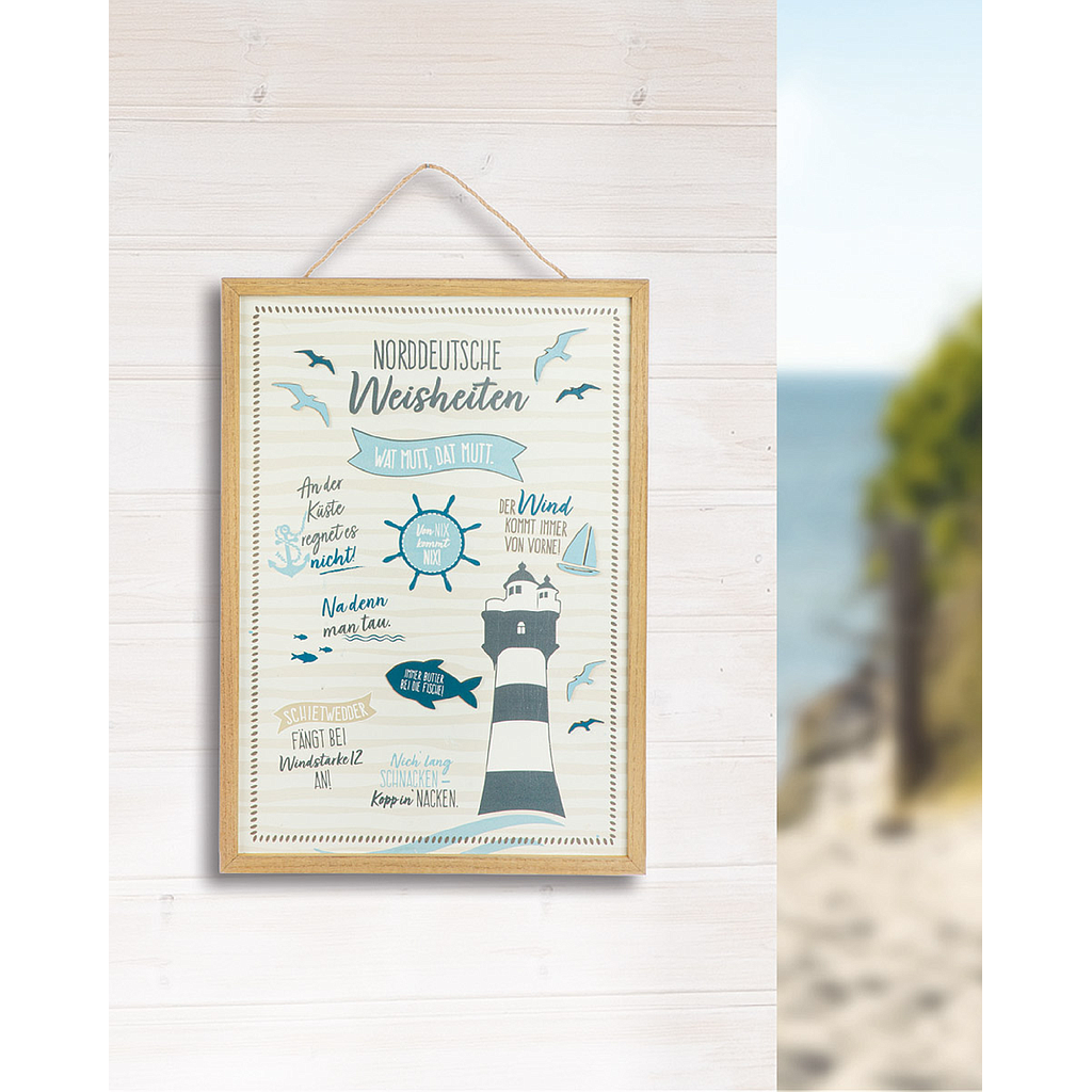 Bild, rechteckig, &quot;Norddeutsche Weisheiten&quot;, Leuchtturmmotiv, Spruch, gestreift, MDF, weiß, L. 2 cm, B. 37 cm, H. 28 cm