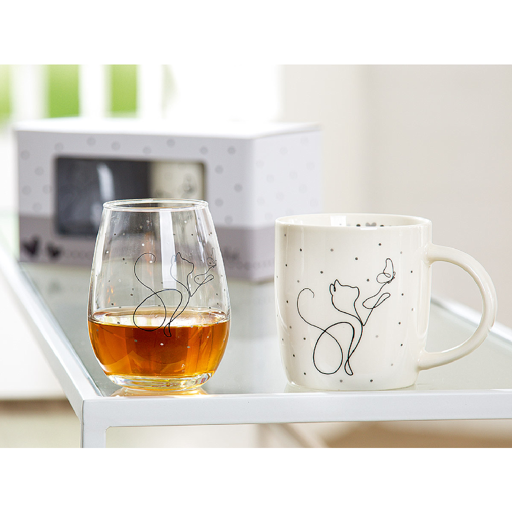 2tlg. Set, Tasse / Becher, Trinkglas, &quot;Love Cat&quot;, Katzenmotiv, Glas, Porzellan, klar, weiß, L. 10,5 cm, B. 22,5 cm, H. 11,5 cm