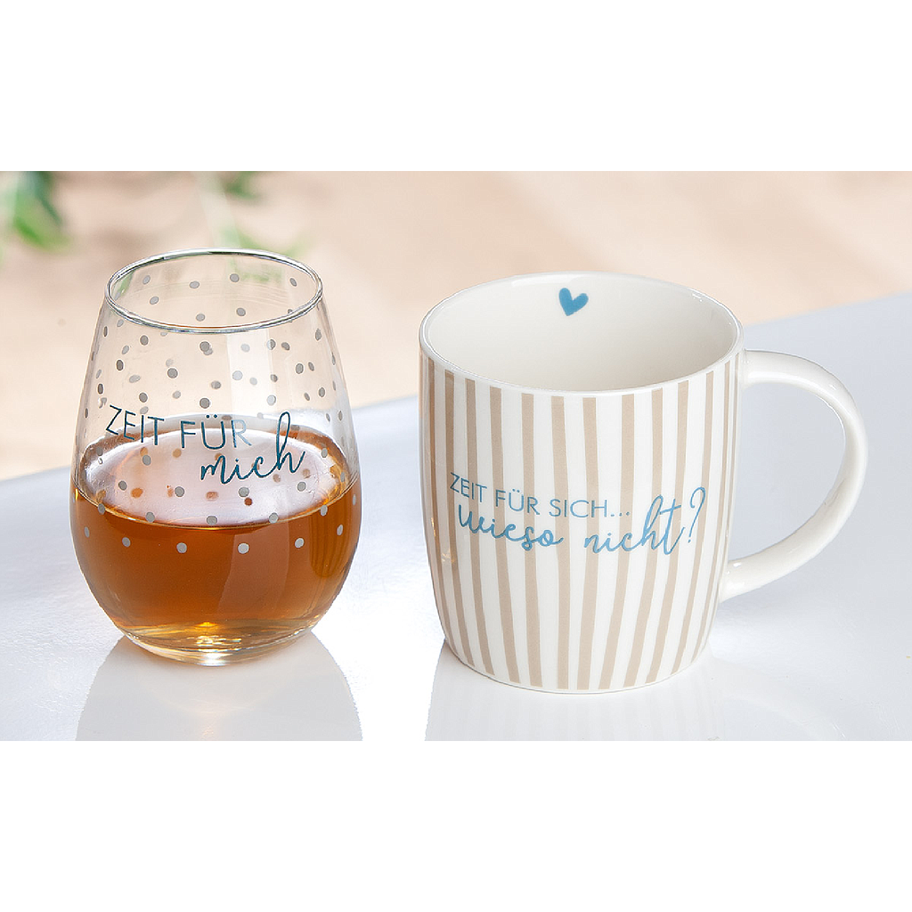 2tlg. Set, Tasse / Becher, Trinkglas, &quot;Living&quot;, Spruch, Glas, Knochenporzellan, braun, klar, weiß, L. 10,5 cm, B. 22,5 cm, H. 11,5 cm