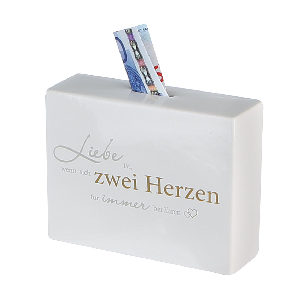 Spardose, rechteckig, &quot;Herz an Herz&quot;, Spruch, Porzellan, weiß, L. 5,5 cm, B. 17,5 cm, H. 13,5 cm