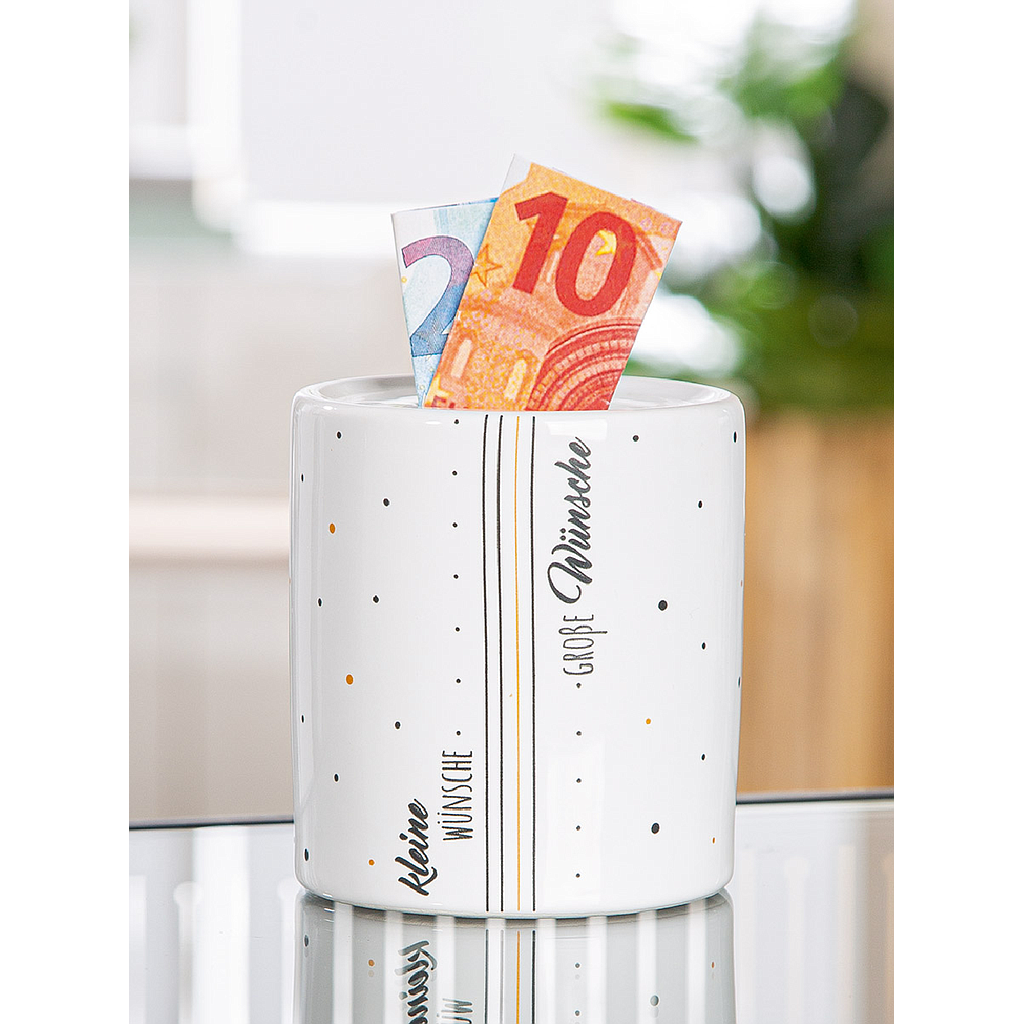 Spardose, zylindrisch, "kleine&amp;große Wünsche", Schriftzug, gepunktet, Keramik, weiß, VE 8, H. 9 cm, D. 9 cm