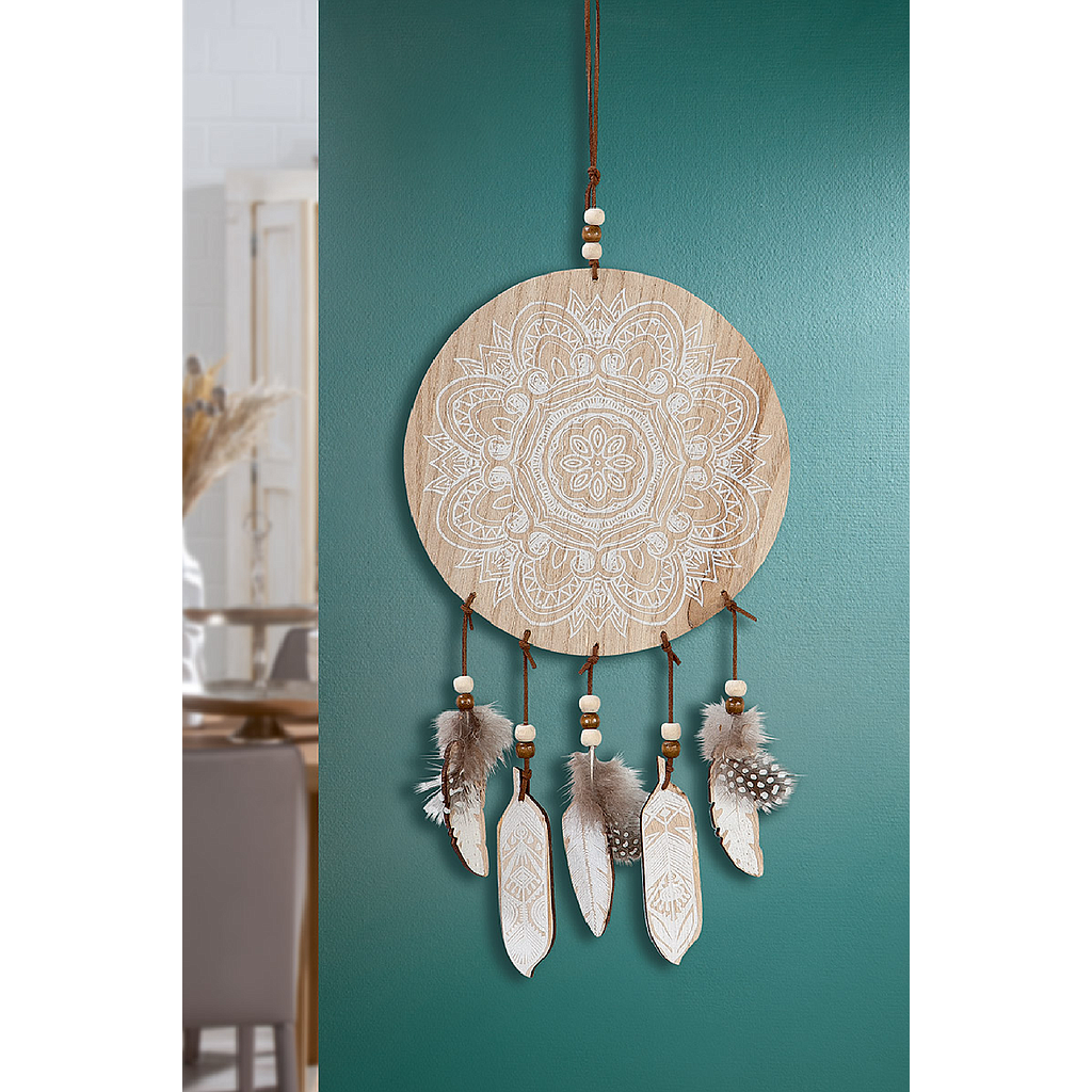 Traumfänger, rund, &quot;Mandala&quot;, Mandalamotiv, Traumfängermotiv, Blumenmuster, MDF, naturfarben, B. 20 cm, H. 50 cm
