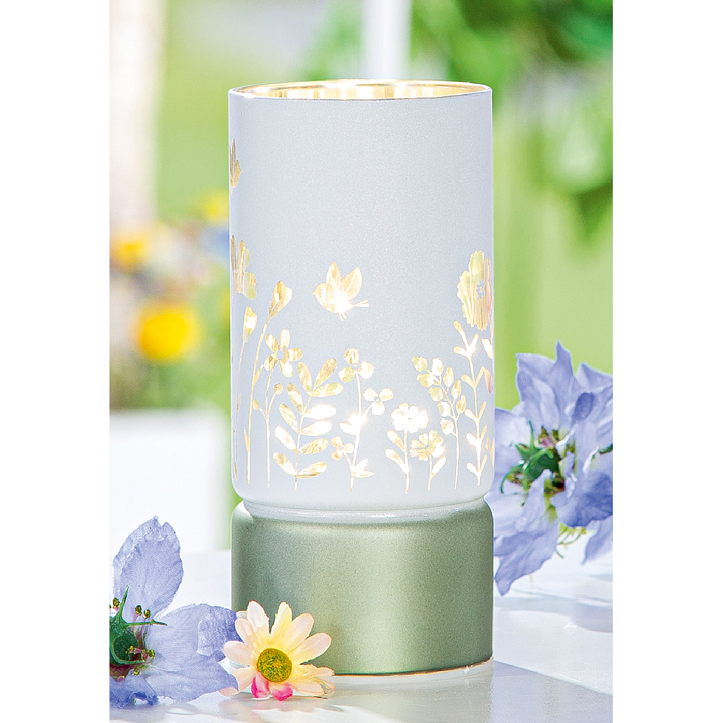 Windlicht (LED), &quot;Blütezeit&quot;, Glas, grün, weiß, H. 15 cm, D. 7 cm