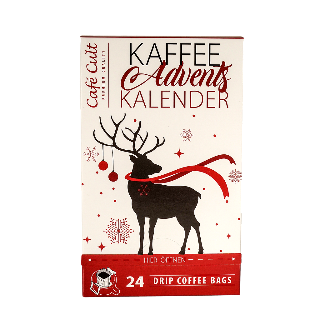 Kaffee-Adventskalender „Winter-Hirsch“ mit 24  Drip Coffee Bags einzeln im Sachet verpackt