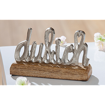 Schriftzug, "Du & Ich", Schriftzug, Aluminium, Mangoholz, naturfarben, silberfarben, VE 12, L. 5,5 cm, B. 18 cm, H. 10,5 cm