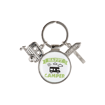 Schlüsselanhänger, "Happy Camper", Schriftzug, Wohnwagenmotiv, Metall, silberfarben, VE 12, H. 7 cm, D. 4 cm