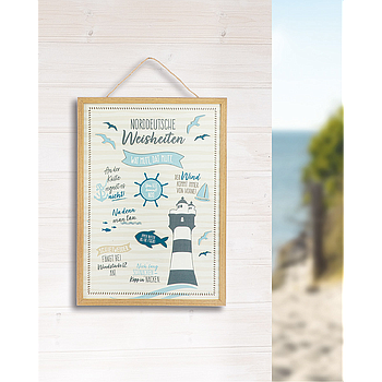 Bild, rechteckig, "Norddeutsche Weisheiten", Leuchtturmmotiv, Spruch, gestreift, MDF, weiß, L. 2 cm, B. 37 cm, H. 28 cm