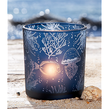 Windlicht, zylindrisch, "Korallenriff", Fischmotiv, Glas, dunkelblau, 8, H. 8 cm, D. 7 cm