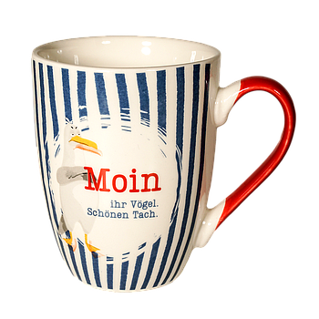 Becher, gestreift, Möwe 'Moin', Ø8x10,5